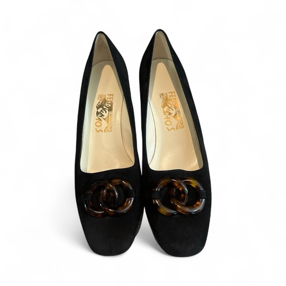 Salvatore Ferragamo Black Suede Pumps with Tortoiseshell Accent Size 9 - Picture 1 of 16